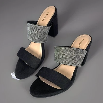 Sandalia de vestir Kaanas para mujer de tacón ancho negra plateada brillante con tiras, 7 $165 Foto 1 de 4