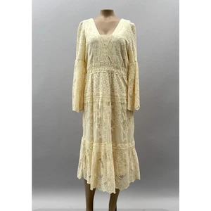 Reba Dress Women M Cream Lace Midi Length Boho Western Prairie 3/4 Sleeve Tiered - Picture 1 of 10