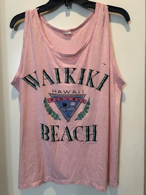 Tanque Waikiki Hawaii vintage 1988 unisex talla L puntada única palmera puesta de sol Foto 1 de 4