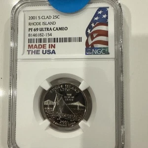 2001-S 25c SILVER Proof Rhode Island State Quarter NGC PF69 Ultra Cameo - Picture 1 of 4