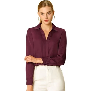 Allegra K Medium Collared Button Down Blouse Top Long Sleeve Office Career NWT - Picture 1 of 10