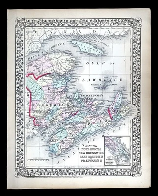 1874 Mitchell Map Maritime Canada Nova Scotia Halifax New Brunswick PEI Fundy CA - Image 1 of 4