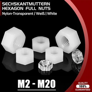 M2 M2.5 M3 M4 M5 M6 M8 M10 M12-M20 White Nylon Hex Hexagon Full Nuts Plastic Nut - Picture 1 of 6