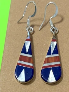 Pendientes NAVAJO Plata Esterlina Coral Lapislázuli Incrustación Multipiedra Flecha Lágrima 925 - Imagen 1 de 4