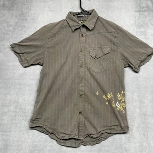 Volcom Shirt Boys Medium Brown Striped Logo Short Sleeve Collared Button-Up - Picture 1 of 8
