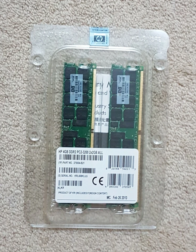 4GB HP (2x 2GB) DDR2  PC2-3200, 400MHz, ECC, Reg , SERVER RAM ( 375004-B21 ) - Image 1 of 1