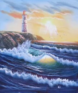 Faro 24x20 enormes olas de mar gaviotas puesta de sol costa pintura al óleo naturalismo - Imagen 1 de 1