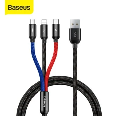 Baseus 3 in 1 Multi USB Charger Data Sync Lead Cable for iPhone Android Phone - Image 1 of 4