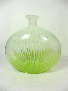 Mod Hand Blown Glass Vase Green White Stripes - Picture 1 of 6
