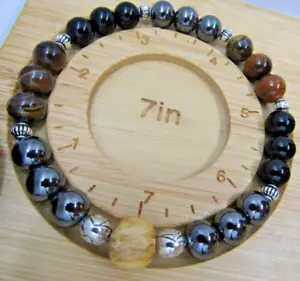 TRIPLE PROTECTION BRACELET HEMATITE, TIGERS EYE, Black OBSIDIAN 7 inches unisex - Picture 1 of 2
