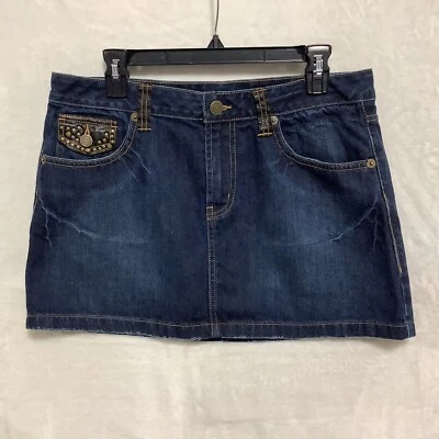 LONDON JEAN Mini Jean Skirt Dark Wash Embellished Studded Distressed Hem Size 12 - Image 1 of 4