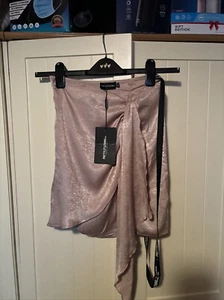 PRETTYLITTLETHING Champagne Beige Satin Wrap Tie Detail Mini Skirt Size 6 NEW - Picture 1 of 10