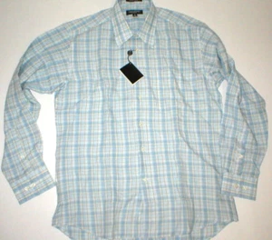 New Mens L NWT Guy Laroche Homme France Designer Shirt Ligt Blue Tan Linen Plaid - Picture 1 of 4