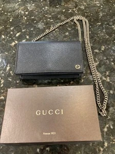 GUCCI WALLET ON CHAIN HANDBAG BLACK PEBBLED LEATHER GOLD HARDWARE MADE IN ITALY - Picture 1 of 11