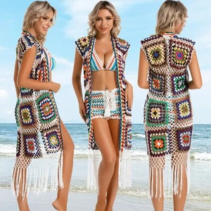 3 Piece Set Sleeveless Shrugs Crochet Open Cardigan Sweater Cover Up Top Shorts - Picture 1 of 10