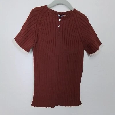 Violeta Federico Top 12y Rust Brown 100% Cotton Ribbed Knit Short Sleeve Henley - Image 1 of 4