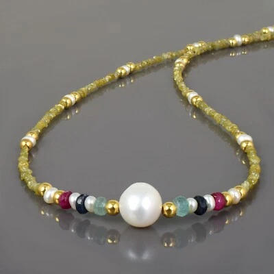 Natürlich Grobem Gelber Diamant & Süßwasserperle Perlen Uncut 18 " Halskette - Bild 1 von 4