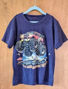 Vintage Monster Truck Graphic Kids' Short Sleeve Cotton T-Shirt Blue Size Medium - Picture 1 of 4