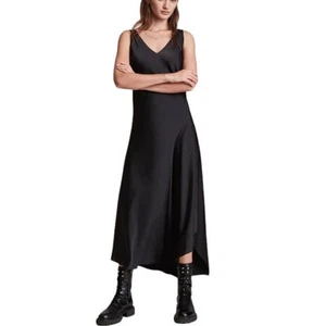 Allsaints NWOT Arta Asymmetric Midi Slip Dress Black Size XS V-Neck Sleeveless - Picture 1 of 9