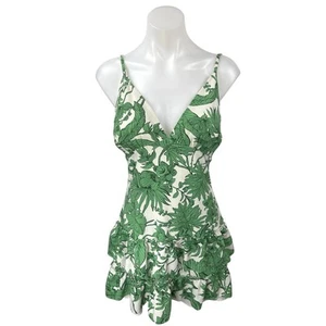 Aqua Green White Floral Sleeveless Cami Camisole Ruffle Tiered Mini Tank Dress L - Picture 1 of 4