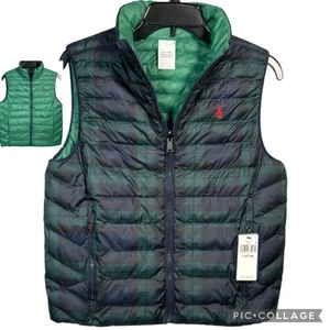 NWT Polo Ralph Lauren Boys Puffer Vest L (14-16) Green Blue Plaid Sleeveless Zip - Picture 1 of 8