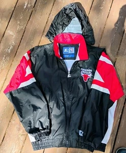 Chicago Bulls Vintage 90s NBA Starter Full Zip Windbreaker Hood Jacket L Jordan - Bild 1 von 11