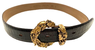 De colección.  Talbots Cuero Genuino Negro-Talla Italia Cinturón hoja ornamentada tono dorado S Foto 1 de 4