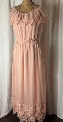 Maxi Vestido Vintage Dan Lee Couture Melocotón 2 Piezas Encaje Escote y Dobladillo Talla S Foto 1 de 4