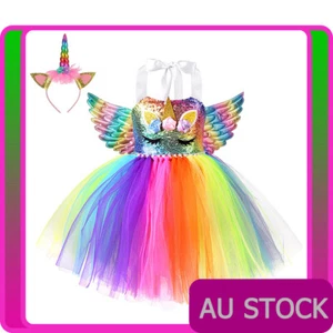 Girls Rainbow Unicorn Princess Costume Book Week Child Tulle Tutu Fancy Dress - Picture 1 of 5