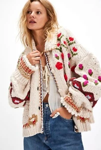Free People Rosebud Cardi Heavy Hand Knit Sweater Embroidered Ivory Red L GUC - Picture 1 of 12