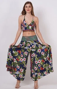 Conjunto de pantalón estampado de dos piezas con cuello halter sin espalda y cintura elástica alta para mujer - Imagen 1 de 12
