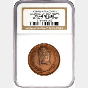 c.1865 GW-272, Baker 97A Copper Washington Stars Medal 1st Obv NGC MS-63 RB - Picture 1 of 5