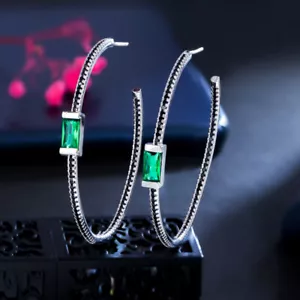 Green CZ Stone Big Oversize Thin Round Circle Hoop Earrings 925 Silver Jewelry - Picture 1 of 11