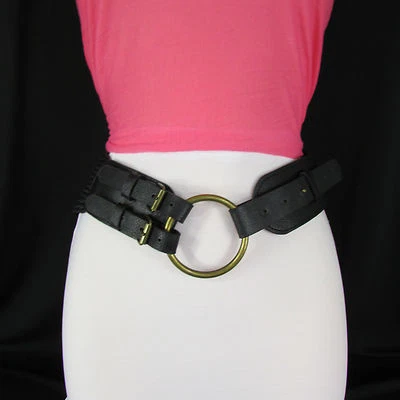 Mujeres Antiguo Anillo de Metal Dorado Hebilla Negro Trenzado Moda Cinturón Cintura Cadera S M Foto 1 de 4
