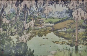 Yoshida Hiroshi "Wisteria Garden" 1935 Shin-Hanga Japanese Woodblock Print - Picture 1 of 2