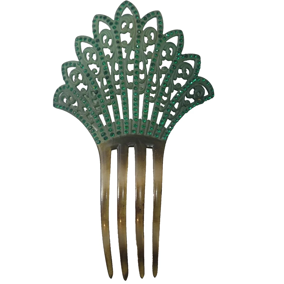 Peine de pelo vintage victoriano o art déco celuloide verde estrás Foto 1 de 4
