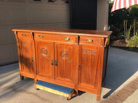 Antique Arts & Crafts Sideboard/Buffet w/ Hand-Carved Motifs Cover