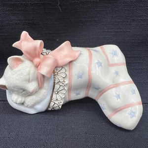 Lenox Christmas Dreams Cat Stocking 24kt Gold Pink Blue 5" Sleeping Kitten - Picture 1 of 5
