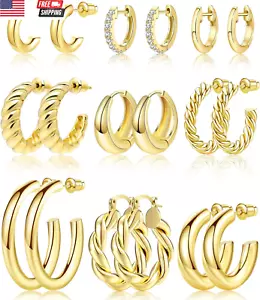 9 Pairs Gold Hoop Earrings Set for Womens Twisted Huggie Hoops Earrings 14K 18K - Picture 1 of 9