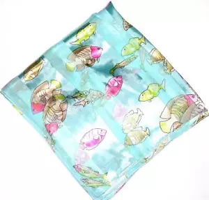 SCARF Small 20" Square Pink & Lime & Tan On Pastel Mint Green FANTASY FISH - Picture 1 of 1