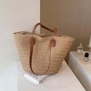 Women's Summer Straw Woven Shoulder Bag - Large, Stylish Beach Basket Tote - Picture 1 of 20