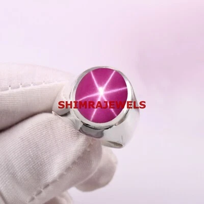 Lab Created Linde Star Ruby With 18K White Gold Plated Silver Men's Ring #1065 - Image 1 of 4