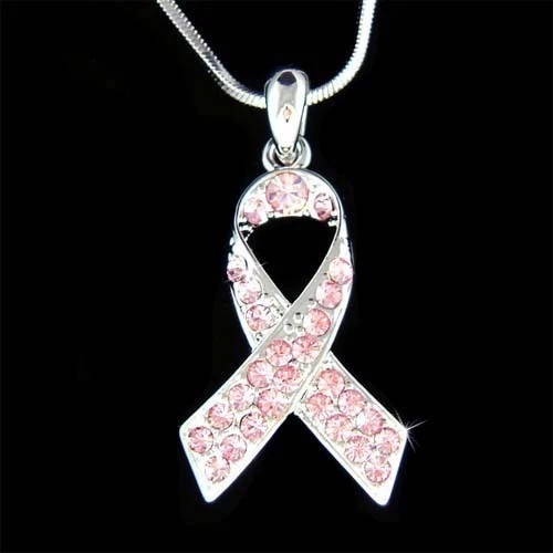  ~Pink Breast Cancer Awareness Ribbon~ made with Swarovski Crystal Rose Necklace - Image 1 of 1