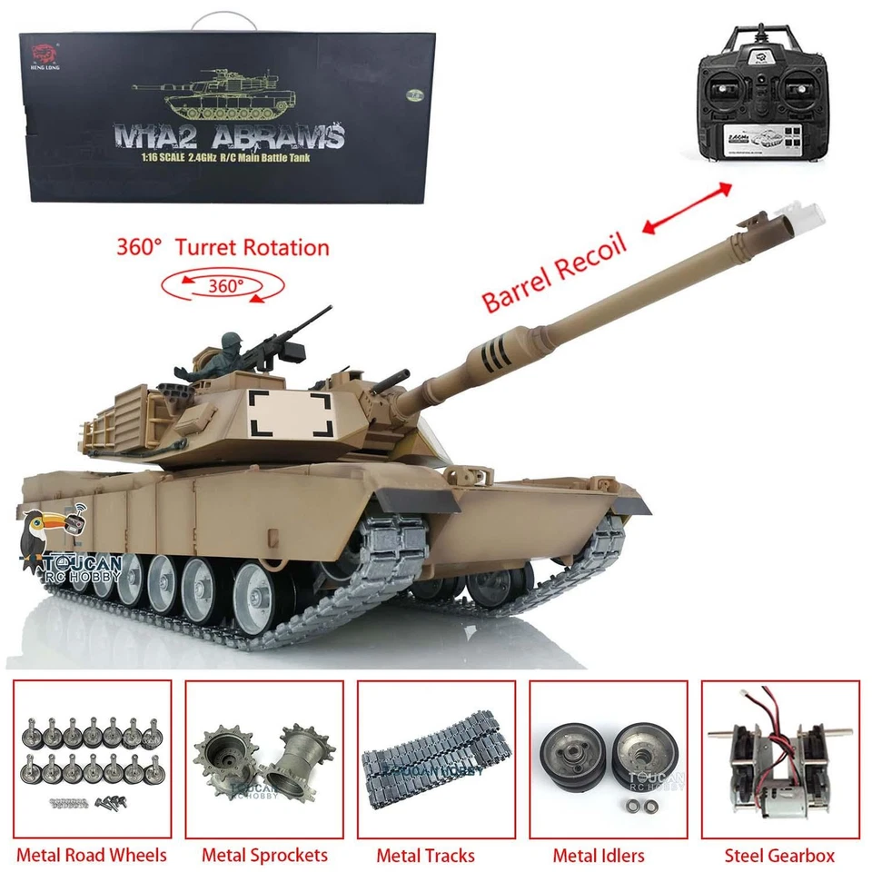 1/16 Henglong M1A2 Abrams IR RC Tanque 3918 360° Turrel Barril Retroceso Pistas Metálicas Foto 1 de 4