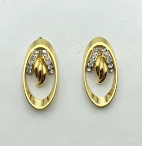 Vintage 80s Pierced Earrings Post Back Stud Gold Tone Rhinestone Oval Glam - Picture 1 of 3