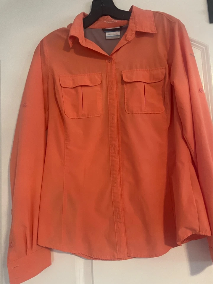 Columbia женщин персиковый оранжевый длинным рукавом на пуговицах логотип рубашка M верхняя блузка - Изображение 1 из 4
