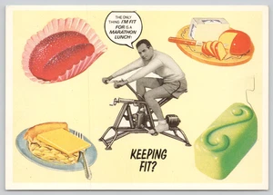 Postcard Lunch Marathon Humor Card - Exercising Man Surrounded by Vintage Food - Imagen 1 de 2