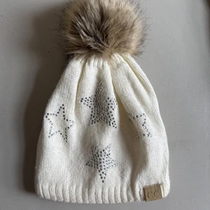 C.C Kids Star Rhinestone White Beanie W. Faux Fur Pom - Picture 1 of 5