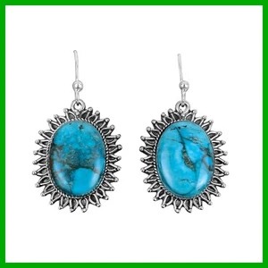 Sterling Silver Tibetan Turquoise Gemstone Dangle Drop Elegant Earrings Jewelry - Picture 1 of 7