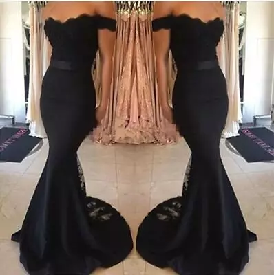Lace Wedding Dresses Satin Black Off The Shoulder V Neck Mermaid Bridal Gowns - Image 1 of 4